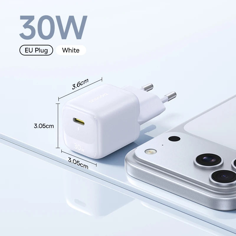 Chargeur GaN 30W Baseus, chargeur PD pour iPhone 17 16 15 14 13 12 Max, chargeur rapide PD3.0 QC3.0, chargeur de téléphone Type C, chargeur de tablette