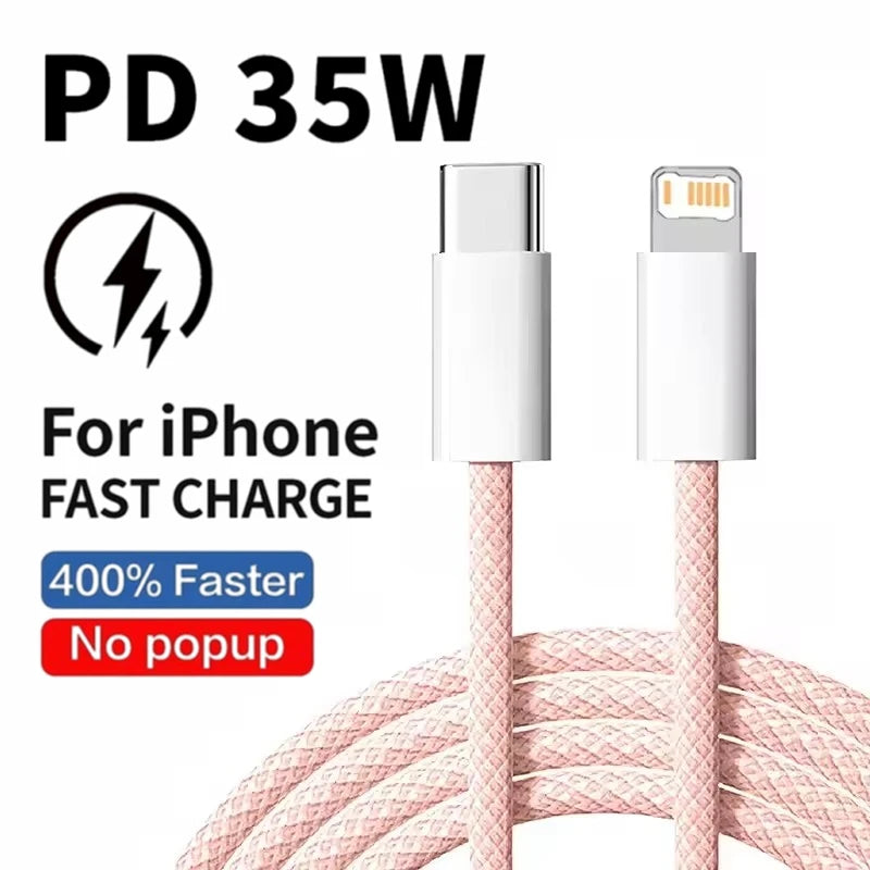 Câble PD de Charge rapide 35W, pour iPhone 13 14 Pro Max 11 12 mini X XR XS Max 7 8 Plus, câbles tressés de données USB-C de Charge rapide 1m 2m