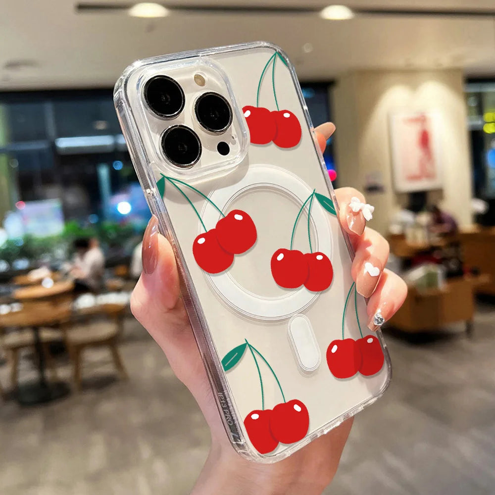 For Magsafe Wireless Charger Case For iPhone 17 Pro Max Case iPhone 16 14 13 12 11 15 Pro Max Air Cute Cherry Print Phone Cover