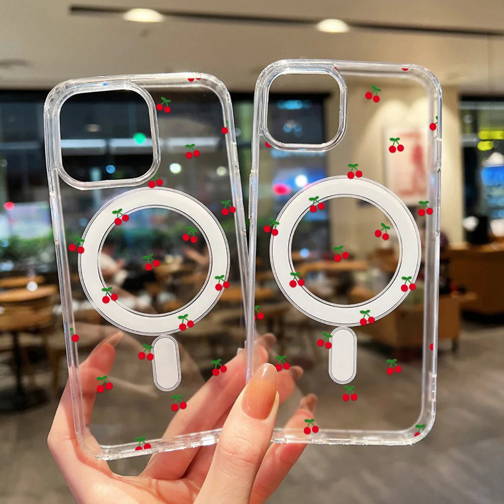 For Magsafe Wireless Charger Case For iPhone 17 Pro Max Case iPhone 16 14 13 12 11 15 Pro Max Air Cute Cherry Print Phone Cover