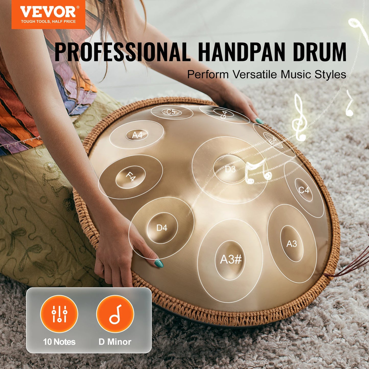 SucceBuy Handpan Drum 22 in D Minor Hand Drum Hand Pan Drum Instrument with Mallets Steel Healing Sound Drum for  Beginners