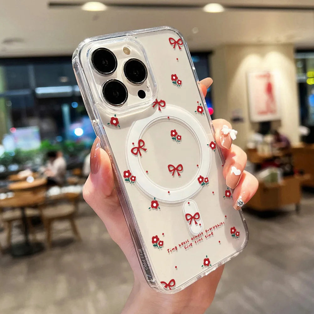 For Magsafe Wireless Charger Case For iPhone 17 Pro Max Case iPhone 16 14 13 12 11 15 Pro Max Air Cute Cherry Print Phone Cover