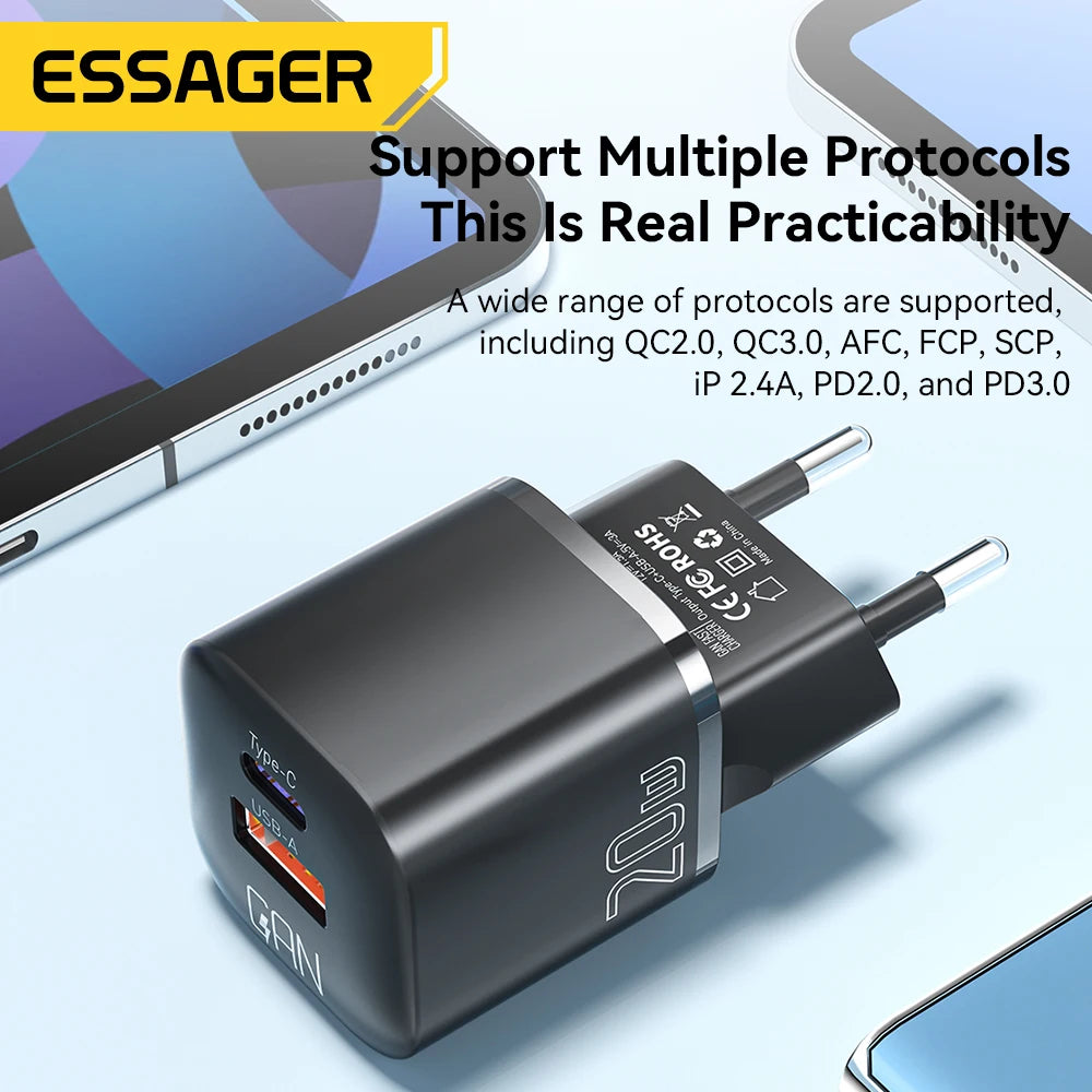 Essager 20W GaN USB Type C chargeur PD Charge rapide téléphone QC 3.0 chargeurs rapides pour iPhone 14 13 12 11 Pro Max Mini iPad Charge