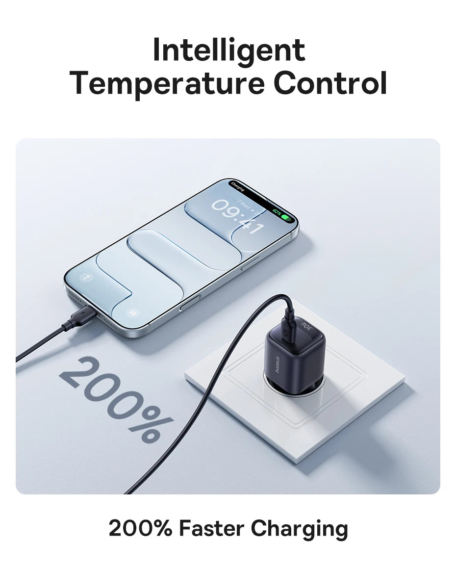Chargeur GaN 30W Baseus, chargeur PD pour iPhone 17 16 15 14 13 12 Max, chargeur rapide PD3.0 QC3.0, chargeur de téléphone Type C, chargeur de tablette