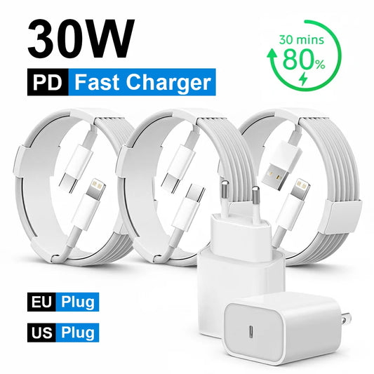 Chargeur rapide PD 30W pour iPhone 14 13 12, câble de charge rapide USB C vers Lightning pour iPhone 17 16 15 Pro Max, adaptateur d'alimentation de Type C