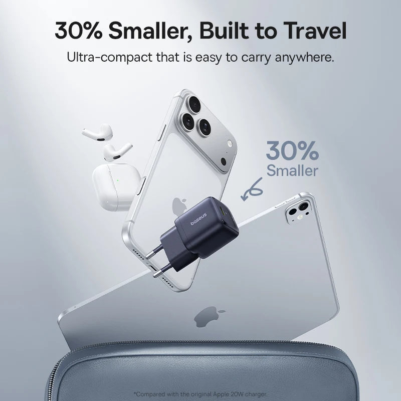 Chargeur GaN 30W Baseus, chargeur PD pour iPhone 17 16 15 14 13 12 Max, chargeur rapide PD3.0 QC3.0, chargeur de téléphone Type C, chargeur de tablette
