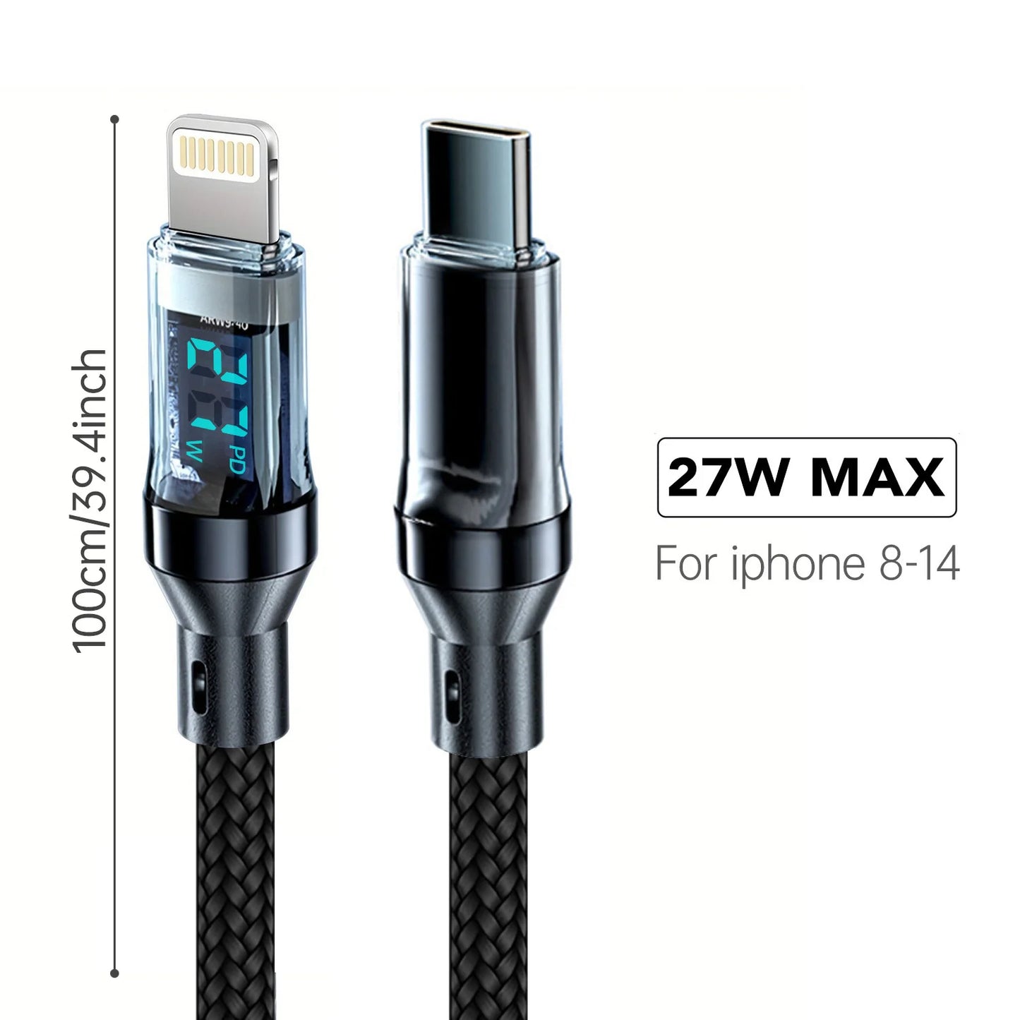 Câble de Charge rapide PD 27W pour écran LCD, coque transparente, transfert de données, USB A type-c vers Lightning, pour iPhone 14 Pro Max/13/12