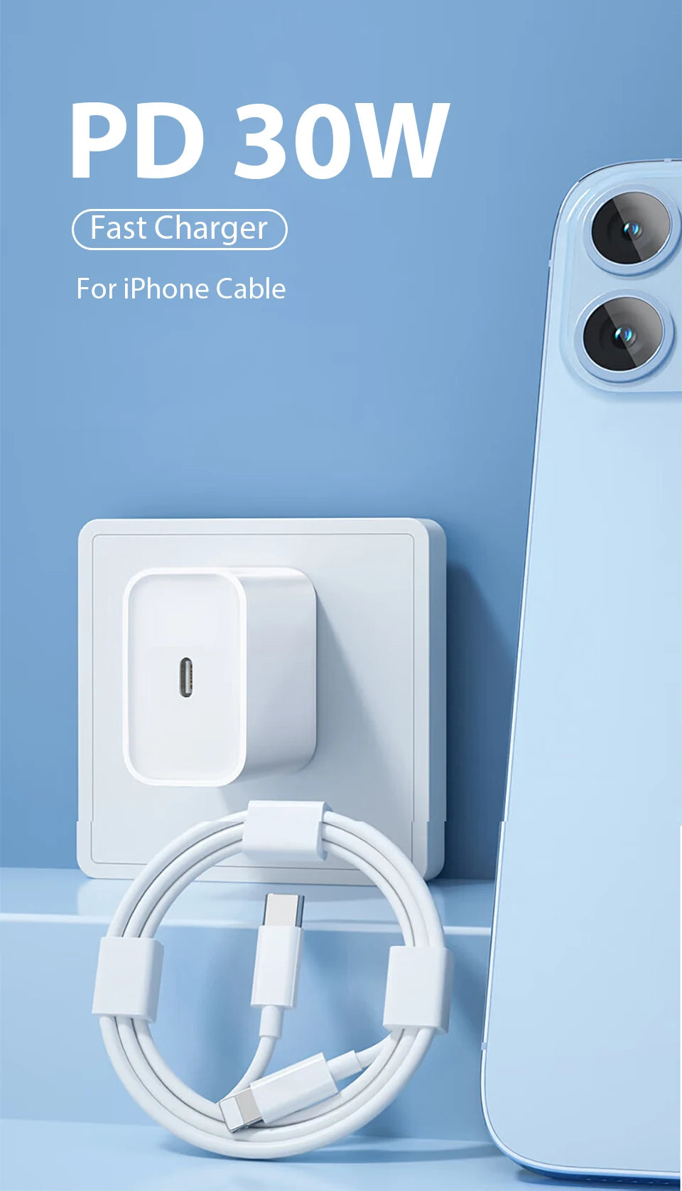 Chargeur rapide PD 30W pour iPhone 14 13 12, câble de charge rapide USB C vers Lightning pour iPhone 17 16 15 Pro Max, adaptateur d'alimentation de Type C