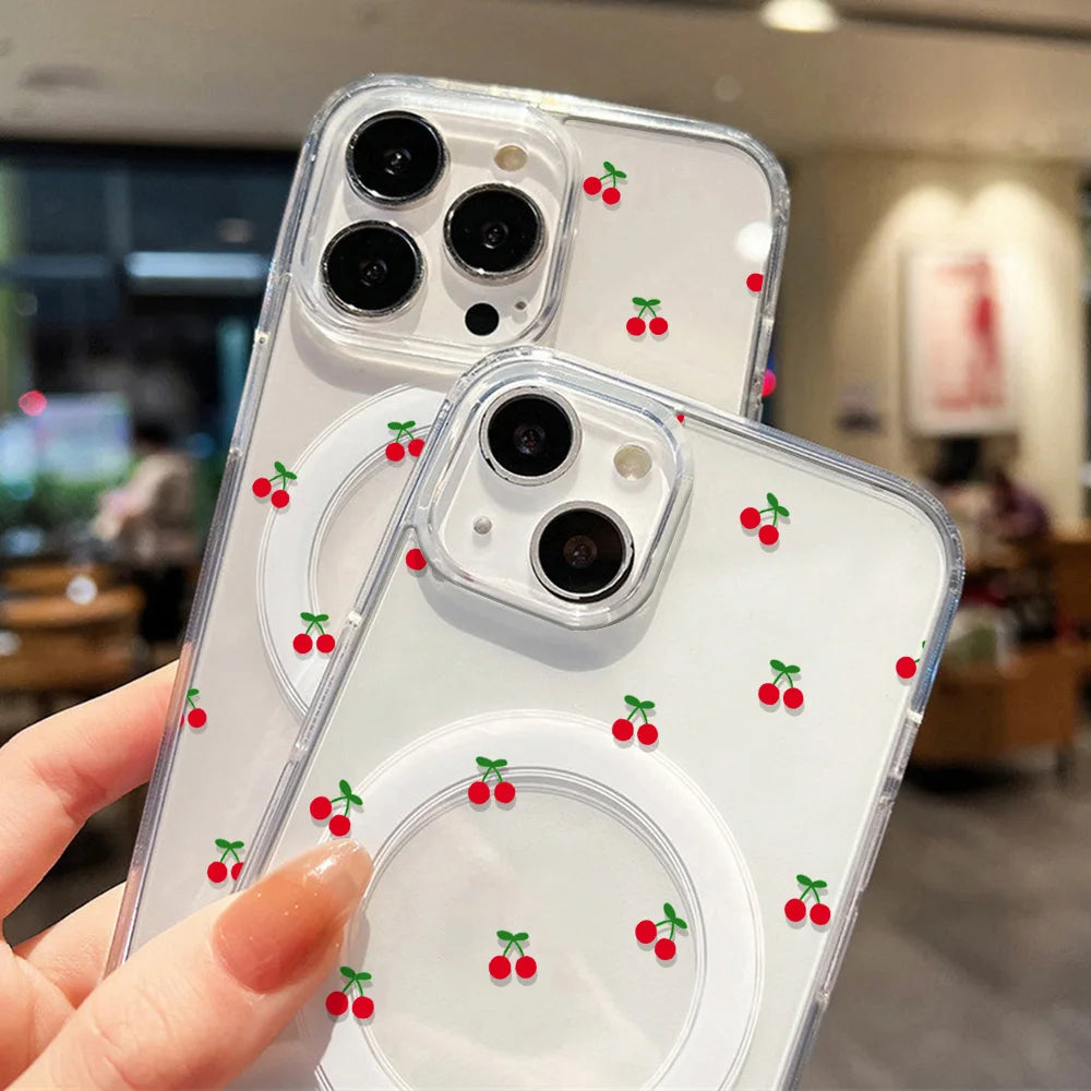 For Magsafe Wireless Charger Case For iPhone 17 Pro Max Case iPhone 16 14 13 12 11 15 Pro Max Air Cute Cherry Print Phone Cover