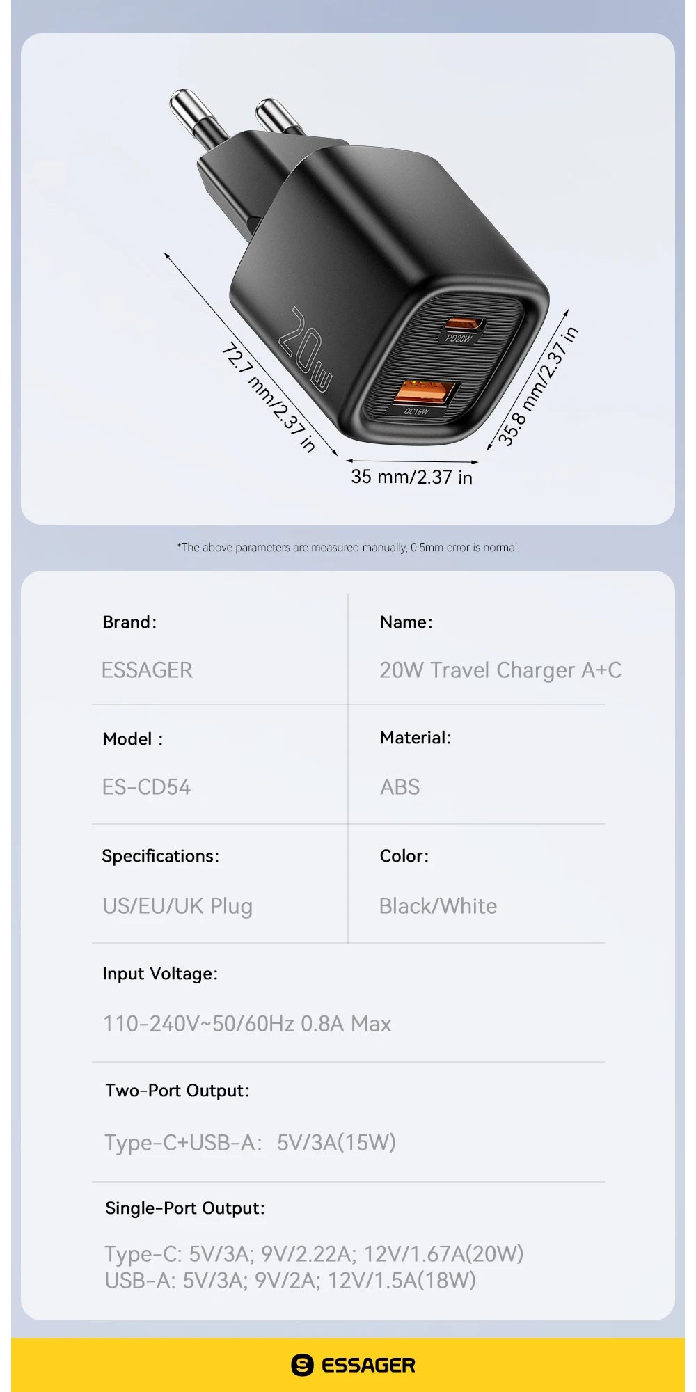 Essager 20W USB C chargeur Portable Type C chargeur Support PD charge rapide pour iPhone 16 15 14 13 12 11 Pro Max 8 chargeur rapide