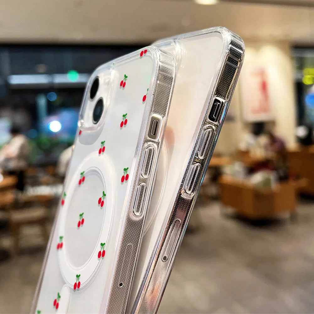 For Magsafe Wireless Charger Case For iPhone 17 Pro Max Case iPhone 16 14 13 12 11 15 Pro Max Air Cute Cherry Print Phone Cover