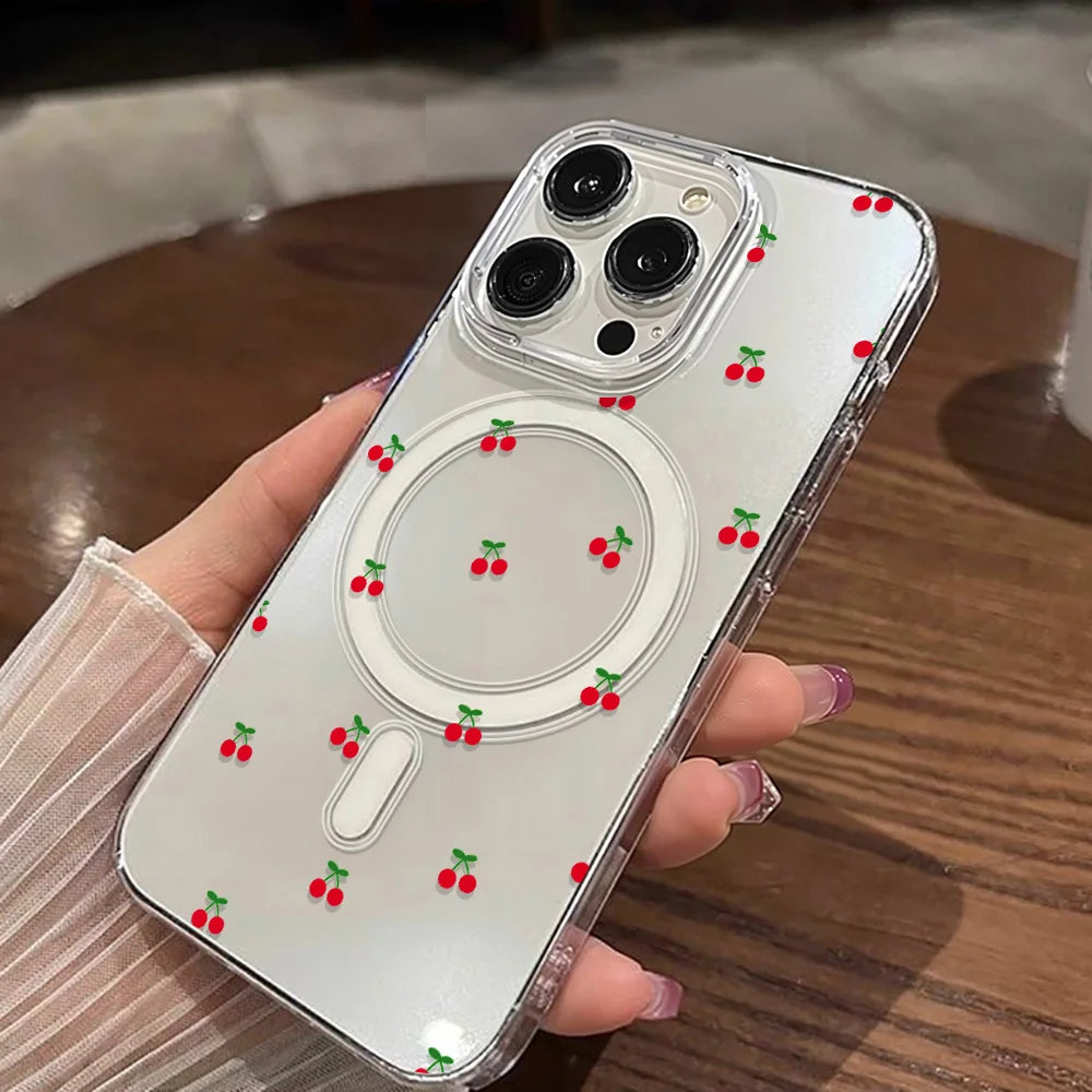 For Magsafe Wireless Charger Case For iPhone 17 Pro Max Case iPhone 16 14 13 12 11 15 Pro Max Air Cute Cherry Print Phone Cover