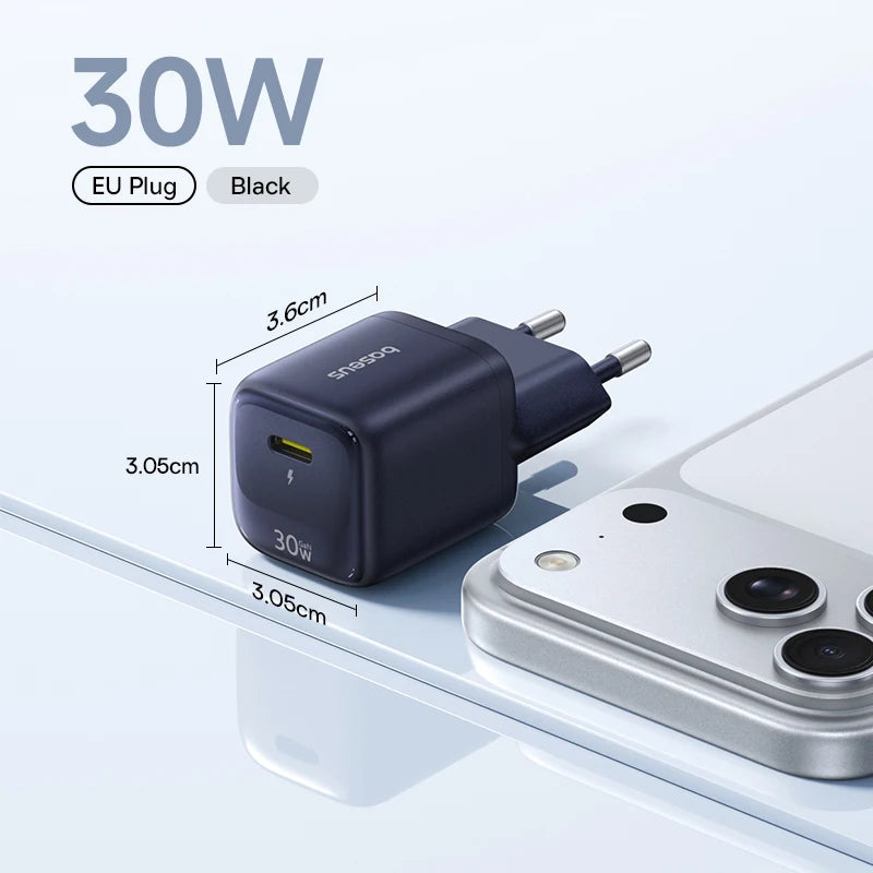 Chargeur GaN 30W Baseus, chargeur PD pour iPhone 17 16 15 14 13 12 Max, chargeur rapide PD3.0 QC3.0, chargeur de téléphone Type C, chargeur de tablette