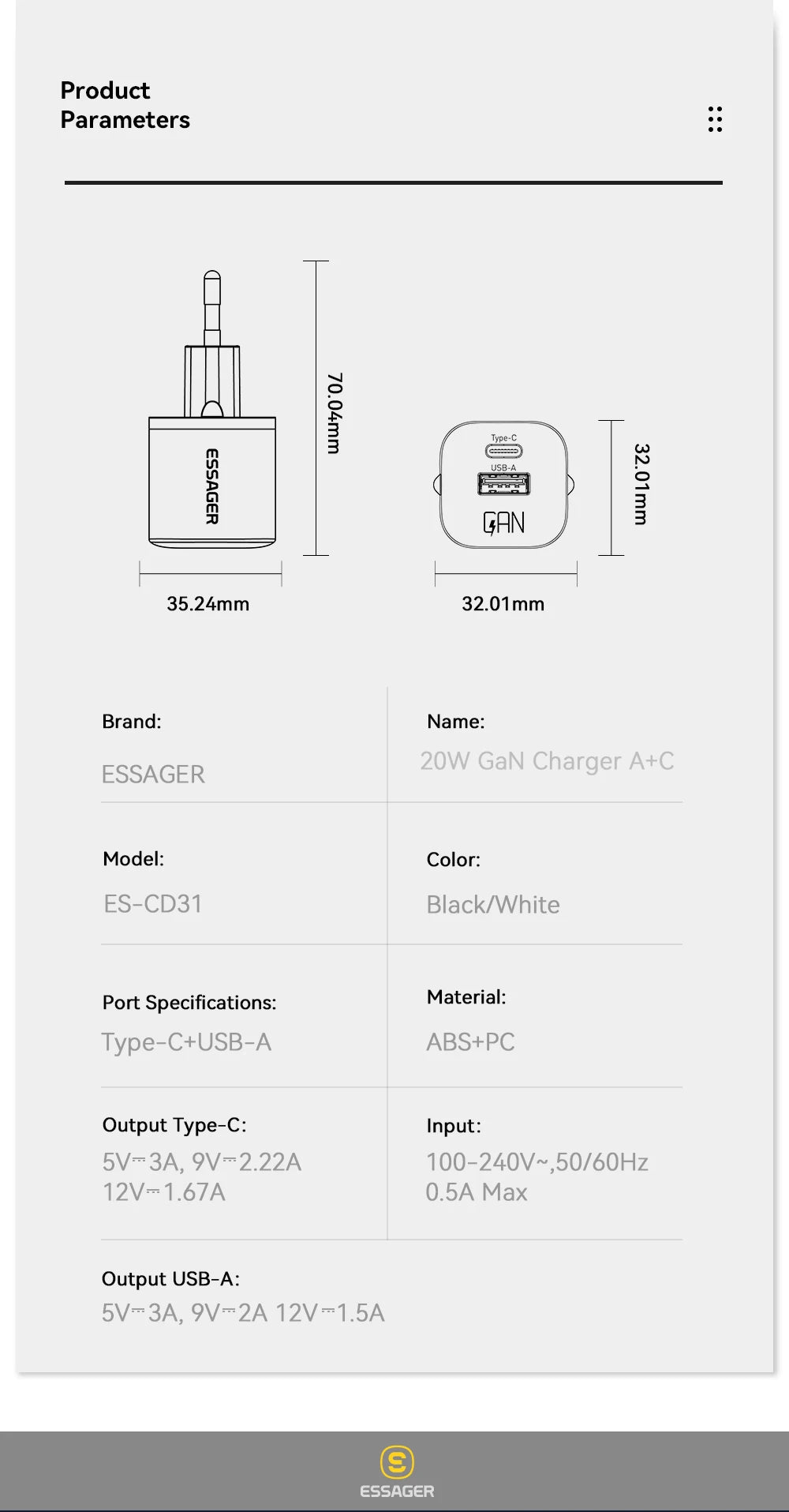 Essager 20W GaN USB Type C chargeur PD Charge rapide téléphone QC 3.0 chargeurs rapides pour iPhone 14 13 12 11 Pro Max Mini iPad Charge