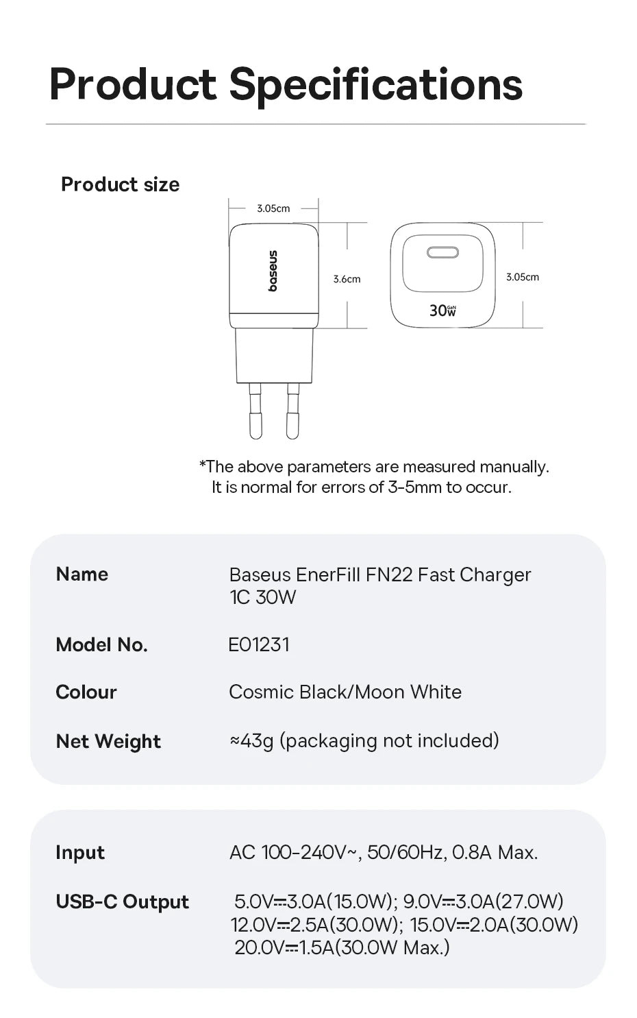 Chargeur GaN 30W Baseus, chargeur PD pour iPhone 17 16 15 14 13 12 Max, chargeur rapide PD3.0 QC3.0, chargeur de téléphone Type C, chargeur de tablette