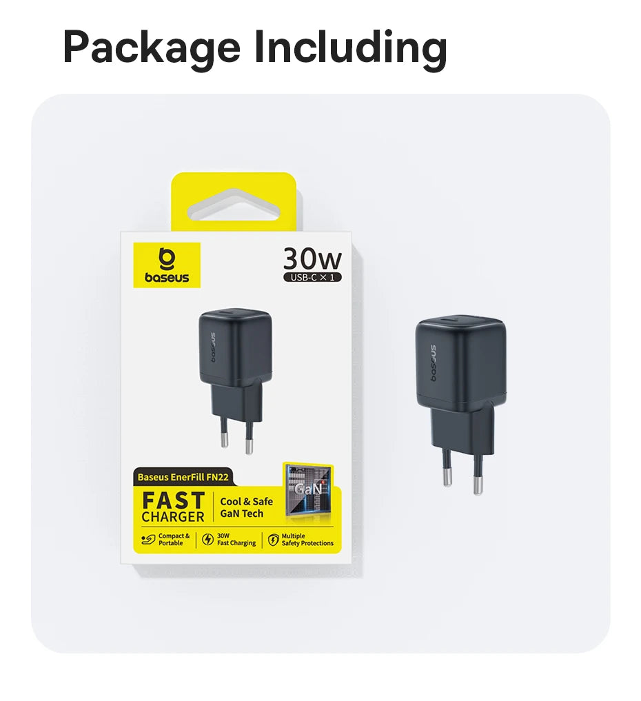 Chargeur GaN 30W Baseus, chargeur PD pour iPhone 17 16 15 14 13 12 Max, chargeur rapide PD3.0 QC3.0, chargeur de téléphone Type C, chargeur de tablette