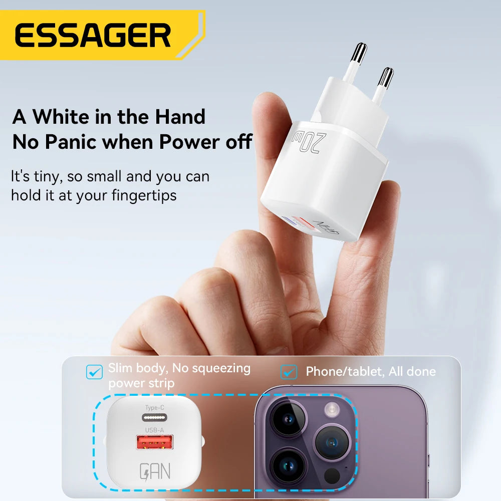Essager 20W GaN USB Type C chargeur PD Charge rapide téléphone QC 3.0 chargeurs rapides pour iPhone 14 13 12 11 Pro Max Mini iPad Charge