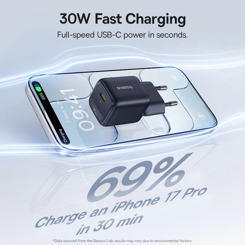 Chargeur GaN 30W Baseus, chargeur PD pour iPhone 17 16 15 14 13 12 Max, chargeur rapide PD3.0 QC3.0, chargeur de téléphone Type C, chargeur de tablette