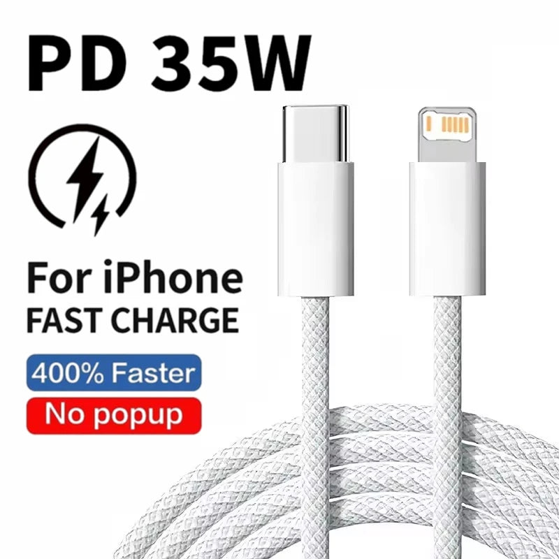 Câble PD de Charge rapide 35W, pour iPhone 13 14 Pro Max 11 12 mini X XR XS Max 7 8 Plus, câbles tressés de données USB-C de Charge rapide 1m 2m