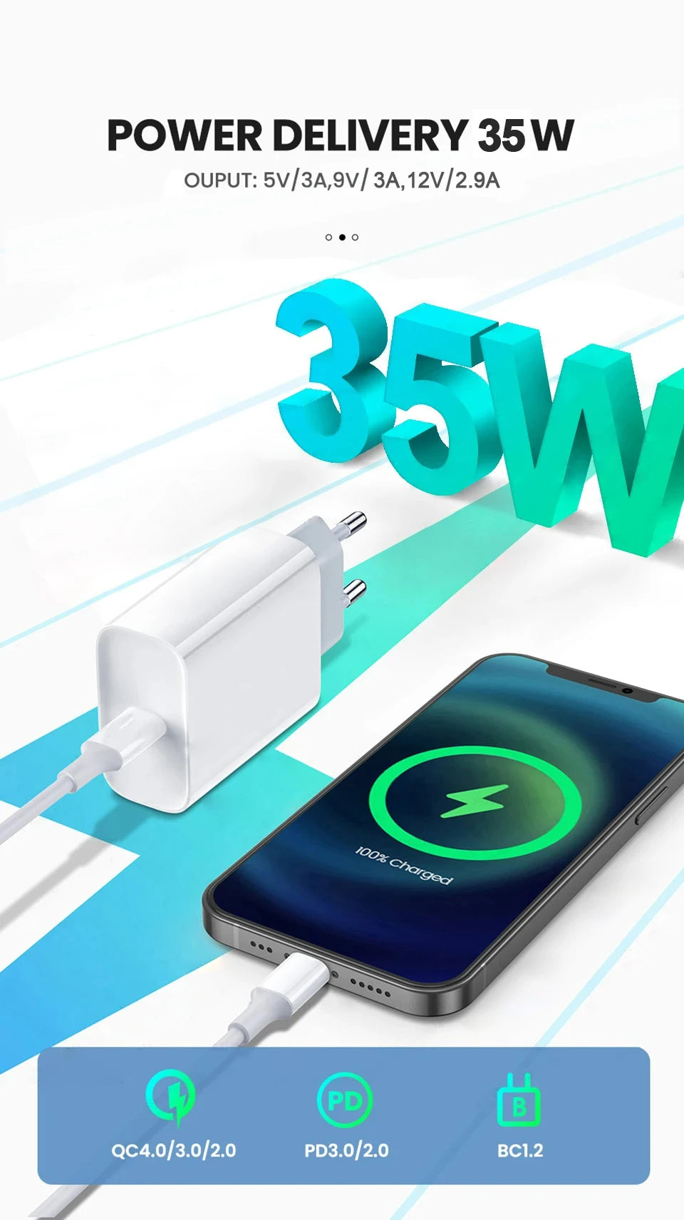 Chargeur rapide USB-C PD 35W pour iPhone 17 16 15 Pro Max 11 12 13 14 Adaptateur secteur X XS 8 Accessoires de charge rapide pour téléphone