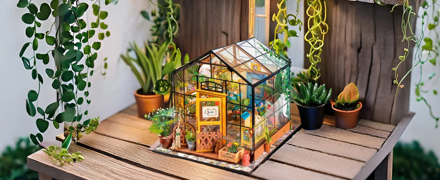Robotime Mini Green House Cathy's Flower House DIY Dollhouse Wooden Miniature Furniture Kit with LED Best Birthday Gifts