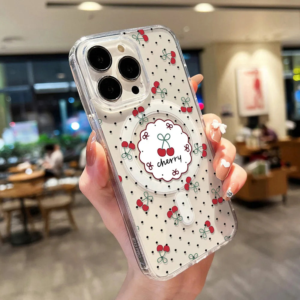 For Magsafe Wireless Charger Case For iPhone 17 Pro Max Case iPhone 16 14 13 12 11 15 Pro Max Air Cute Cherry Print Phone Cover