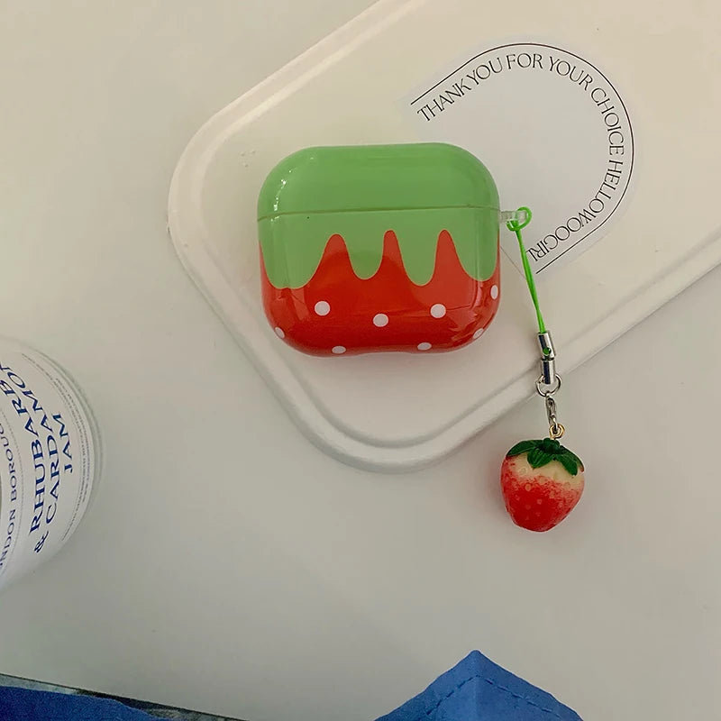 Lovely Girl Exquisite Red Strawberry White Polka Dot with Small Strawberry Pendant Glossy Earphones Case for AirPods 1 2 3 4 Pro