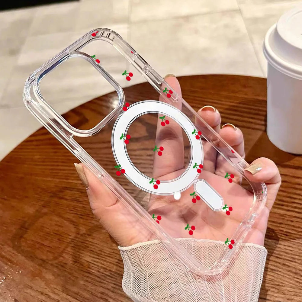 For Magsafe Wireless Charger Case For iPhone 17 Pro Max Case iPhone 16 14 13 12 11 15 Pro Max Air Cute Cherry Print Phone Cover