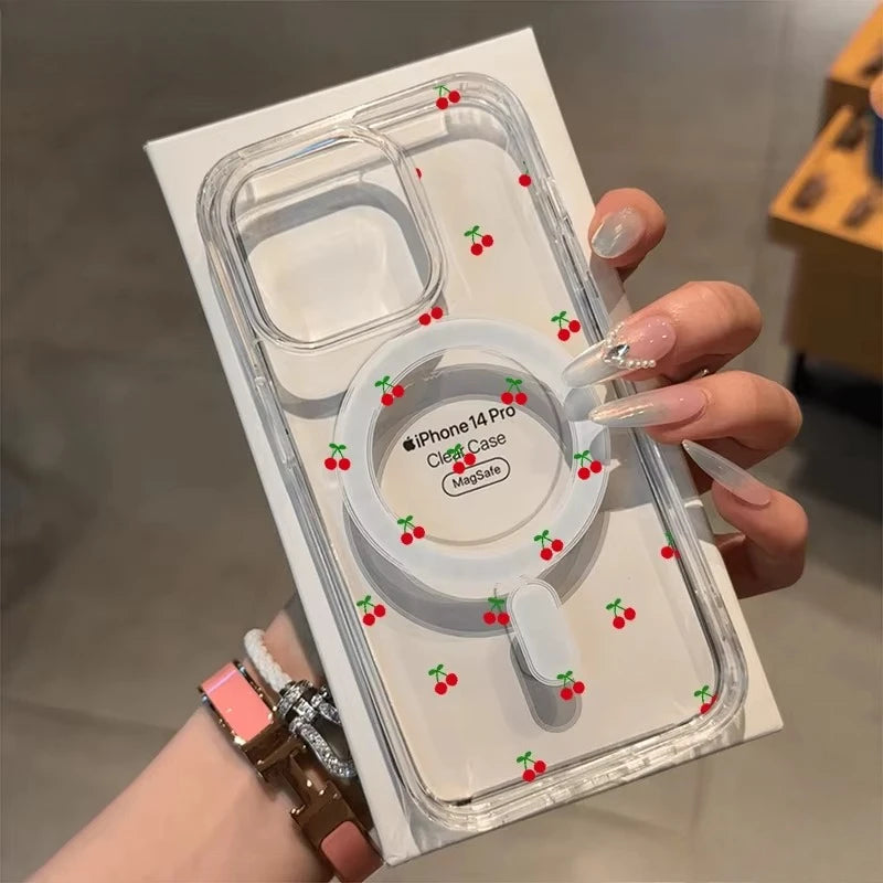 For Magsafe Wireless Charger Case For iPhone 17 Pro Max Case iPhone 16 14 13 12 11 15 Pro Max Air Cute Cherry Print Phone Cover