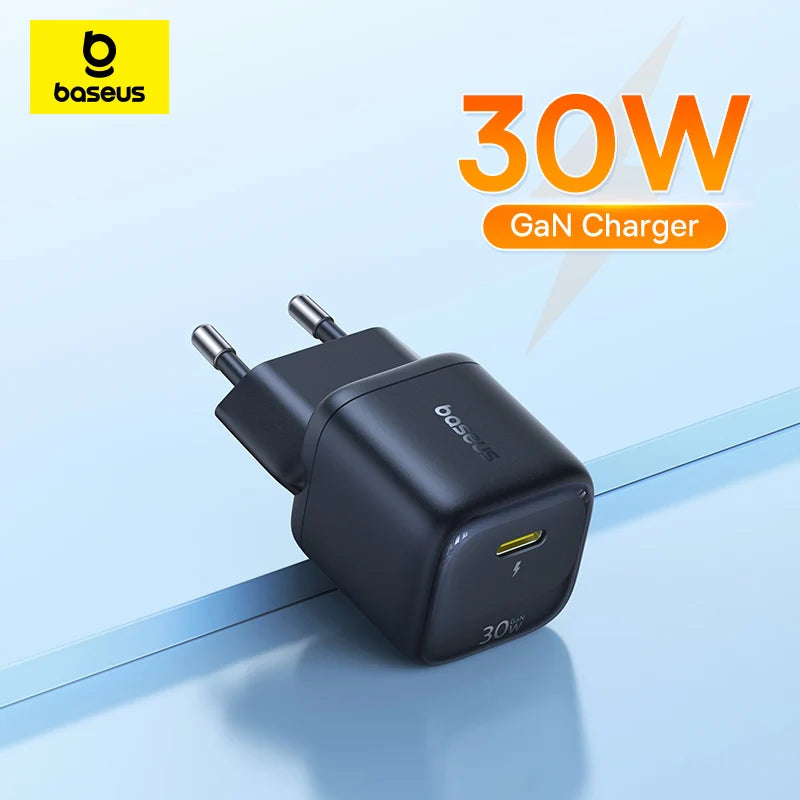 Chargeur GaN 30W Baseus, chargeur PD pour iPhone 17 16 15 14 13 12 Max, chargeur rapide PD3.0 QC3.0, chargeur de téléphone Type C, chargeur de tablette