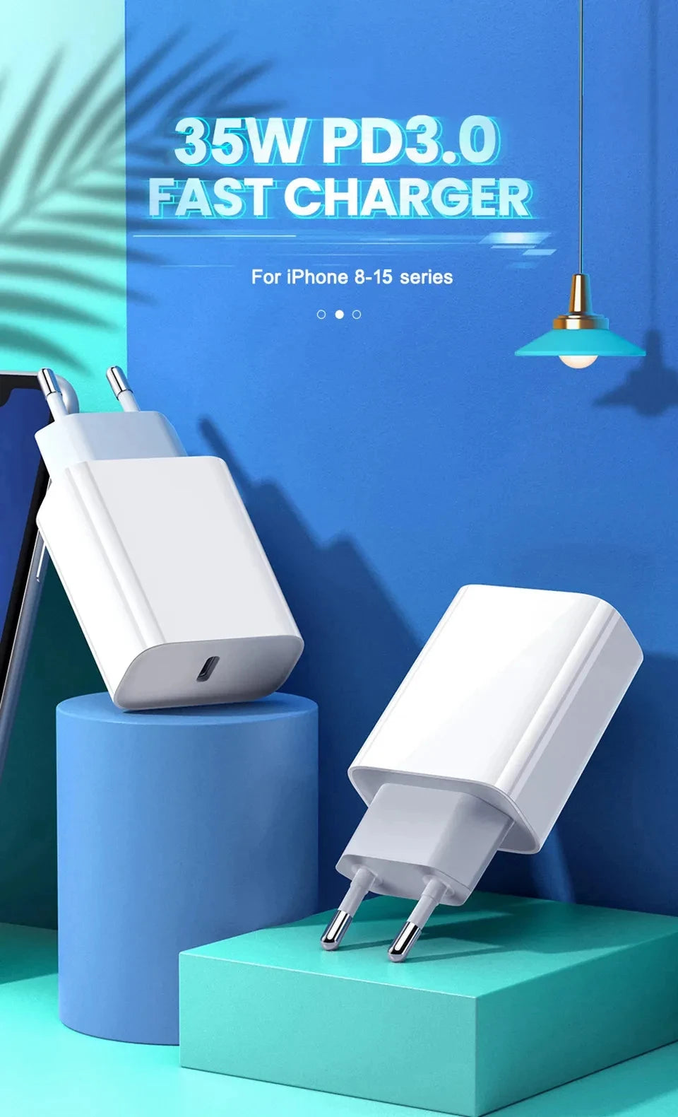 Chargeur rapide USB-C PD 35W pour iPhone 17 16 15 Pro Max 11 12 13 14 Adaptateur secteur X XS 8 Accessoires de charge rapide pour téléphone