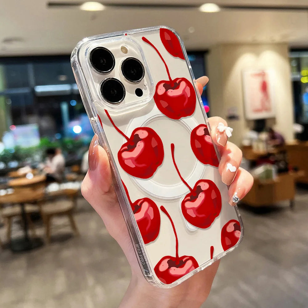 For Magsafe Wireless Charger Case For iPhone 17 Pro Max Case iPhone 16 14 13 12 11 15 Pro Max Air Cute Cherry Print Phone Cover