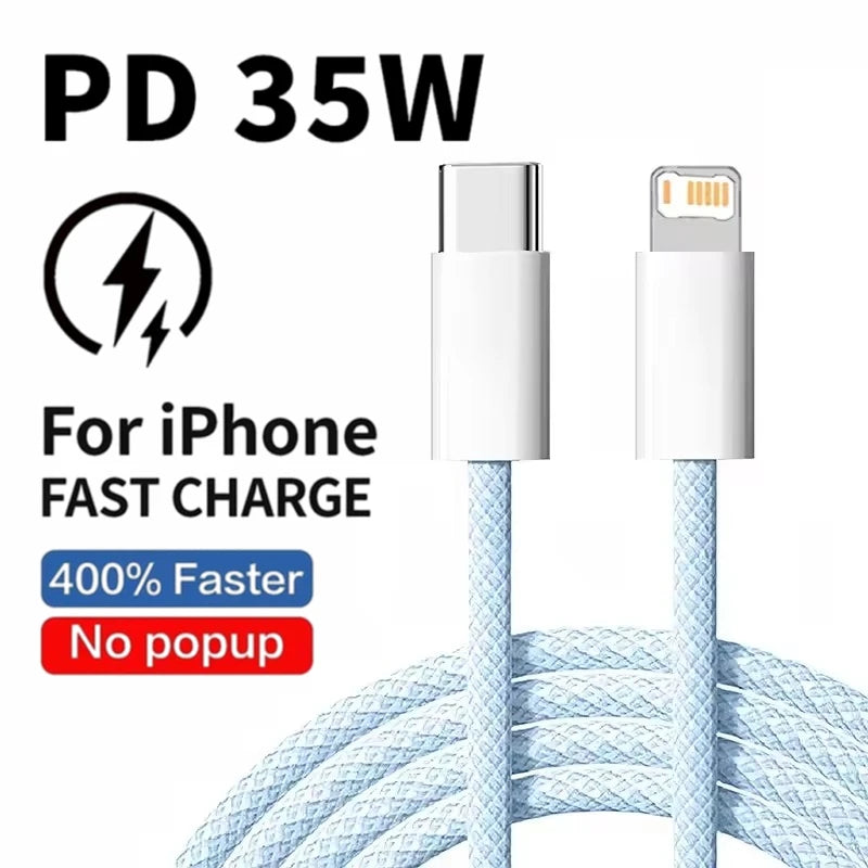 Câble PD de Charge rapide 35W, pour iPhone 13 14 Pro Max 11 12 mini X XR XS Max 7 8 Plus, câbles tressés de données USB-C de Charge rapide 1m 2m