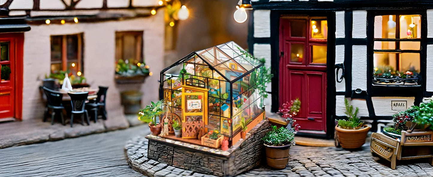 Robotime Mini Green House Cathy's Flower House DIY Dollhouse Wooden Miniature Furniture Kit with LED Best Birthday Gifts