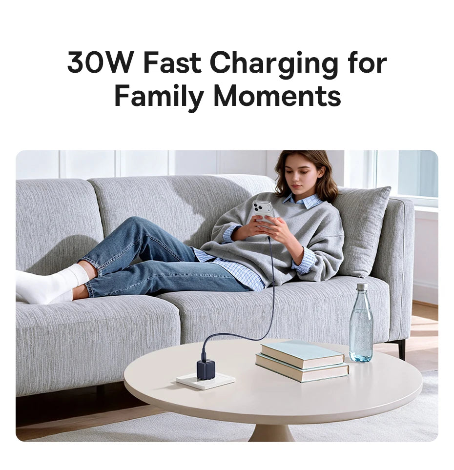 Chargeur GaN 30W Baseus, chargeur PD pour iPhone 17 16 15 14 13 12 Max, chargeur rapide PD3.0 QC3.0, chargeur de téléphone Type C, chargeur de tablette