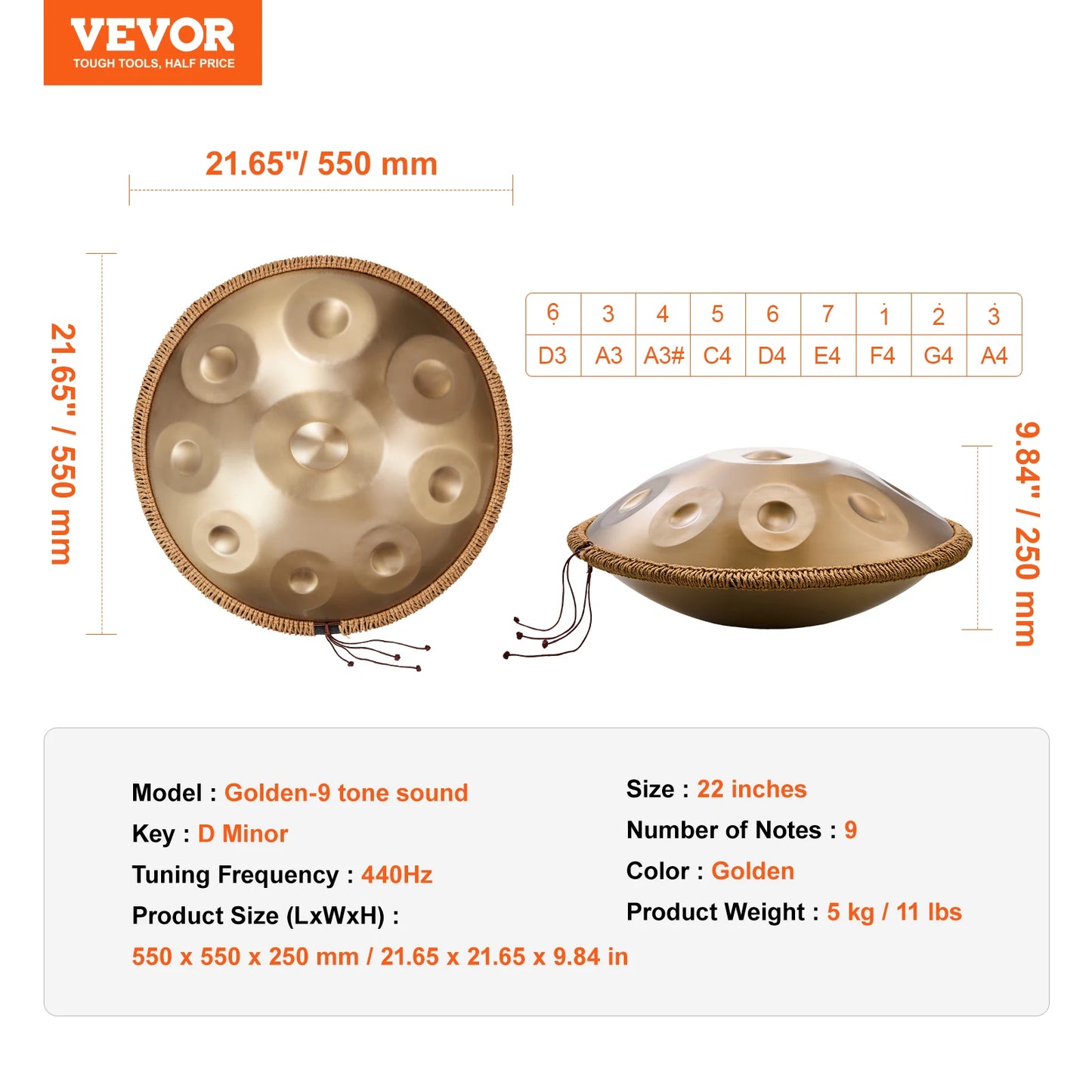 SucceBuy Handpan Drum 22 in D Minor Hand Drum Hand Pan Drum Instrument with Mallets Steel Healing Sound Drum for  Beginners