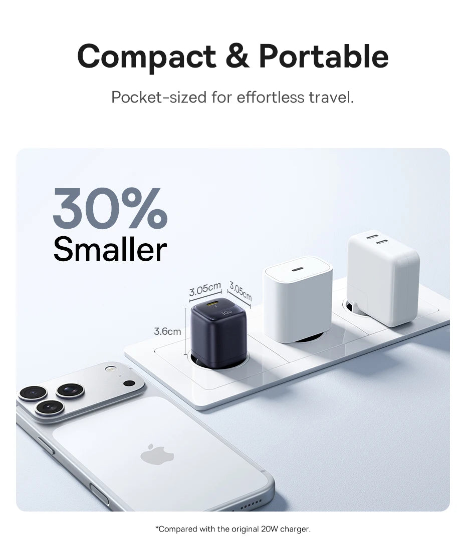 Chargeur GaN 30W Baseus, chargeur PD pour iPhone 17 16 15 14 13 12 Max, chargeur rapide PD3.0 QC3.0, chargeur de téléphone Type C, chargeur de tablette