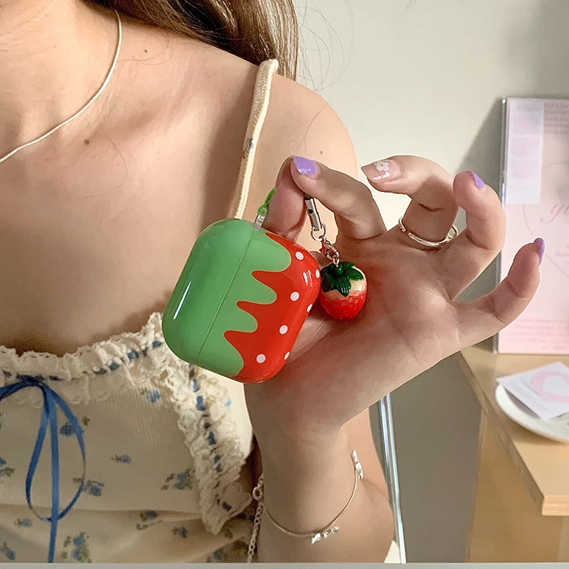 Lovely Girl Exquisite Red Strawberry White Polka Dot with Small Strawberry Pendant Glossy Earphones Case for AirPods 1 2 3 4 Pro