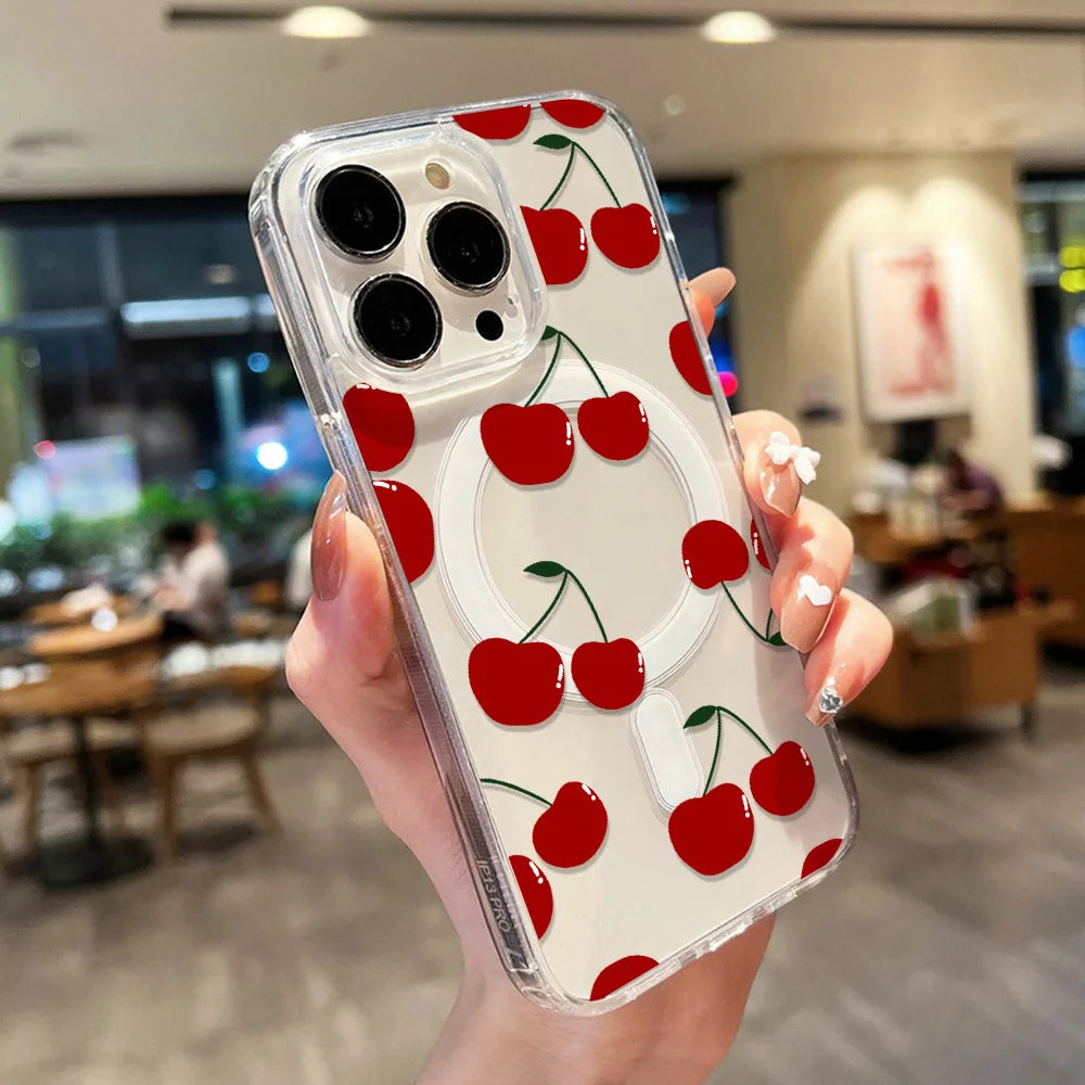 For Magsafe Wireless Charger Case For iPhone 17 Pro Max Case iPhone 16 14 13 12 11 15 Pro Max Air Cute Cherry Print Phone Cover