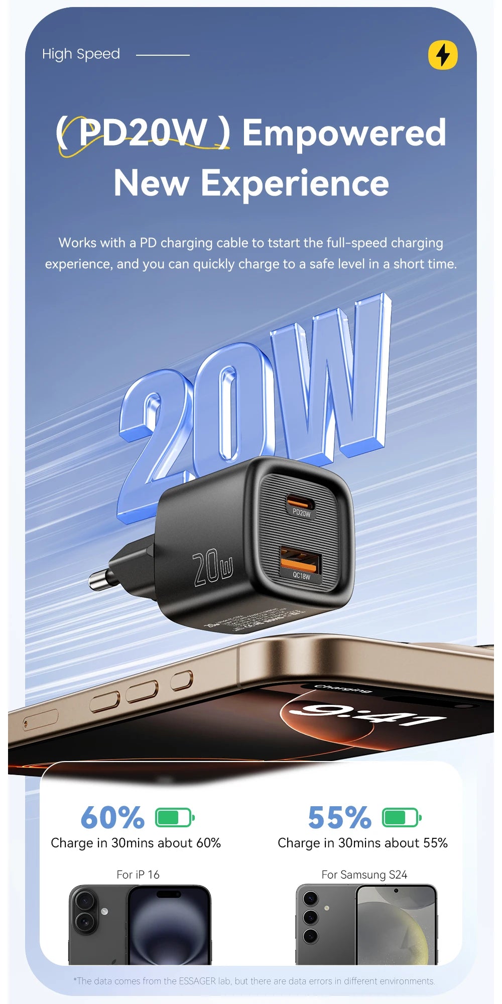 Essager 20W USB C chargeur Portable Type C chargeur Support PD charge rapide pour iPhone 16 15 14 13 12 11 Pro Max 8 chargeur rapide