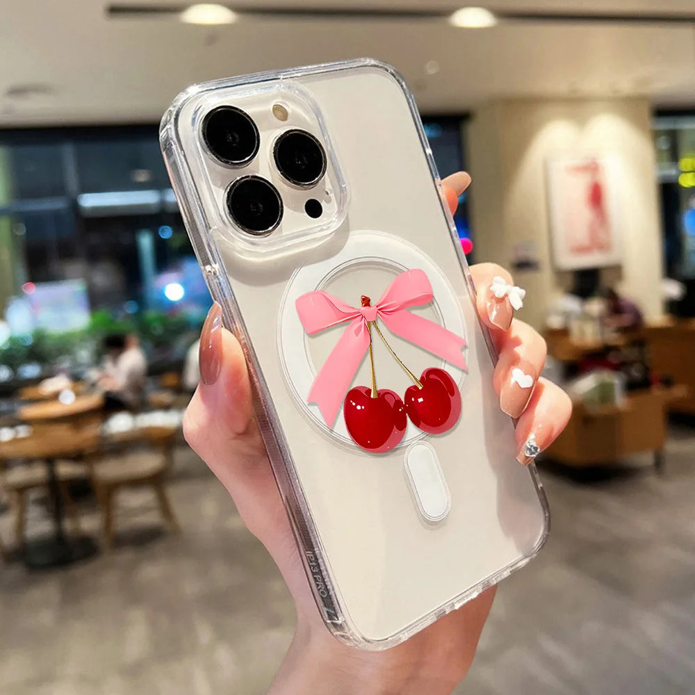 For Magsafe Wireless Charger Case For iPhone 17 Pro Max Case iPhone 16 14 13 12 11 15 Pro Max Air Cute Cherry Print Phone Cover