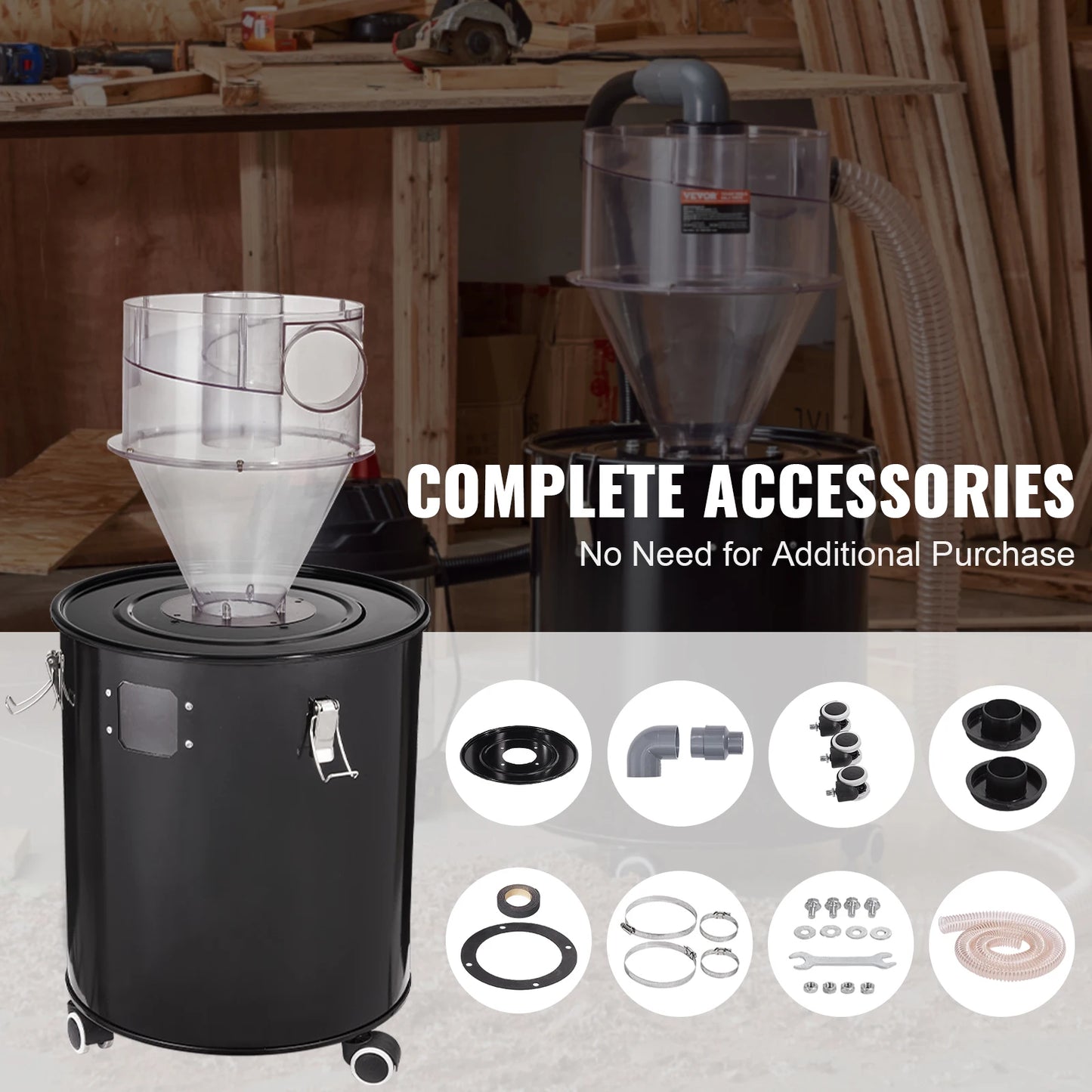 SucceBuy Cyclone Dust Separator with Metal Tank 4" Retrofit Cyclone Separator ABS Dust Deputy With 2" Hole O.D. Connector & Hose