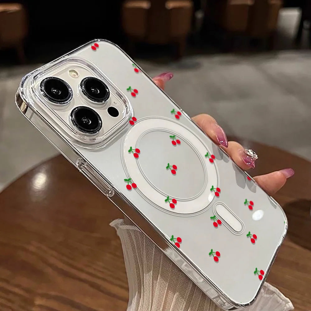 For Magsafe Wireless Charger Case For iPhone 17 Pro Max Case iPhone 16 14 13 12 11 15 Pro Max Air Cute Cherry Print Phone Cover