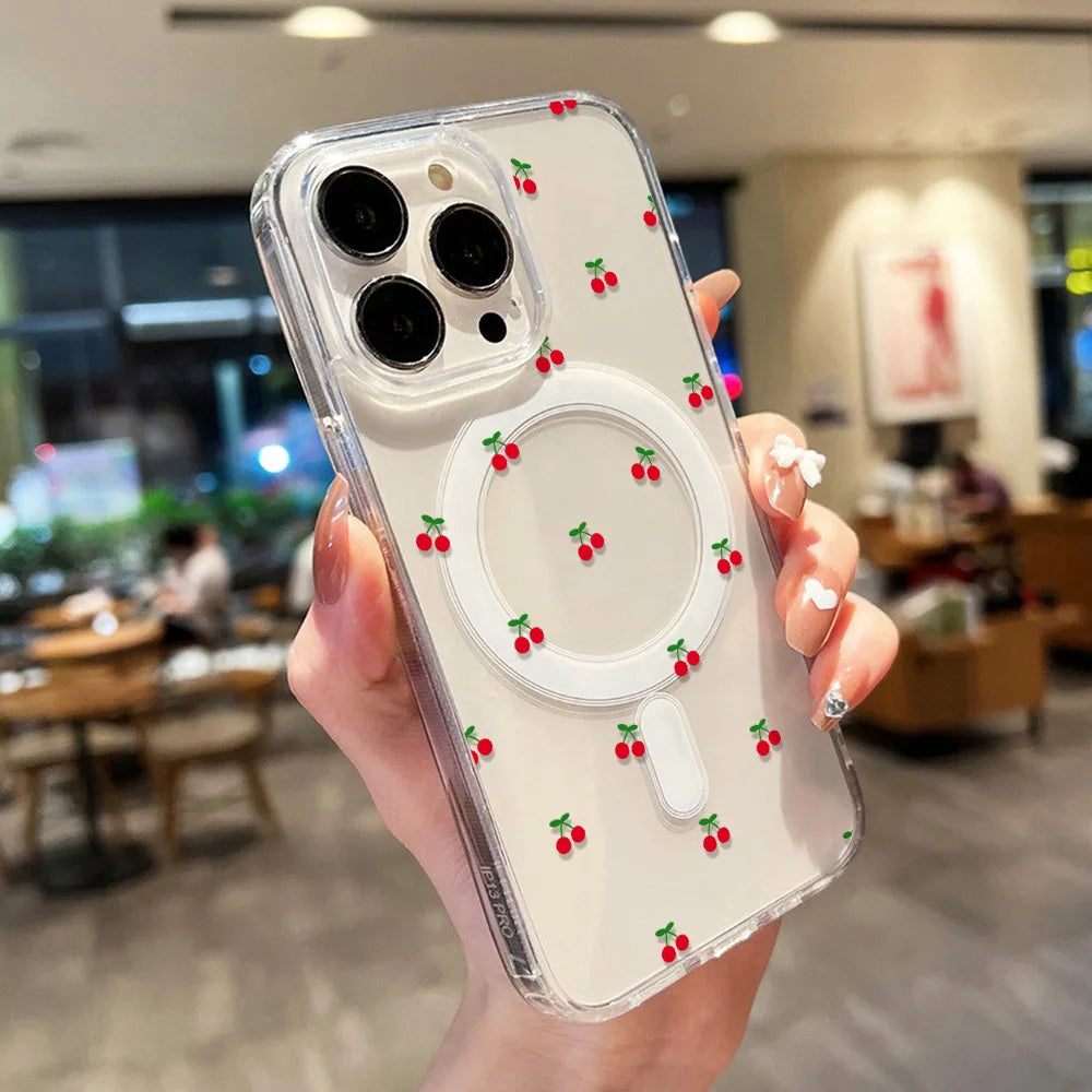 For Magsafe Wireless Charger Case For iPhone 17 Pro Max Case iPhone 16 14 13 12 11 15 Pro Max Air Cute Cherry Print Phone Cover