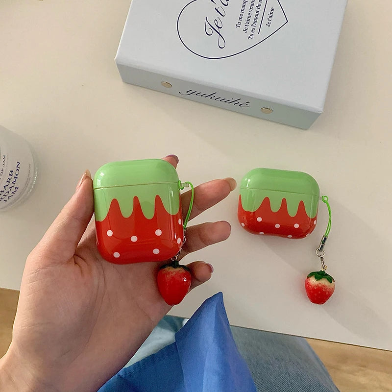 Lovely Girl Exquisite Red Strawberry White Polka Dot with Small Strawberry Pendant Glossy Earphones Case for AirPods 1 2 3 4 Pro