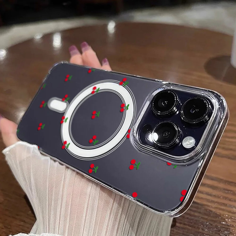 For Magsafe Wireless Charger Case For iPhone 17 Pro Max Case iPhone 16 14 13 12 11 15 Pro Max Air Cute Cherry Print Phone Cover