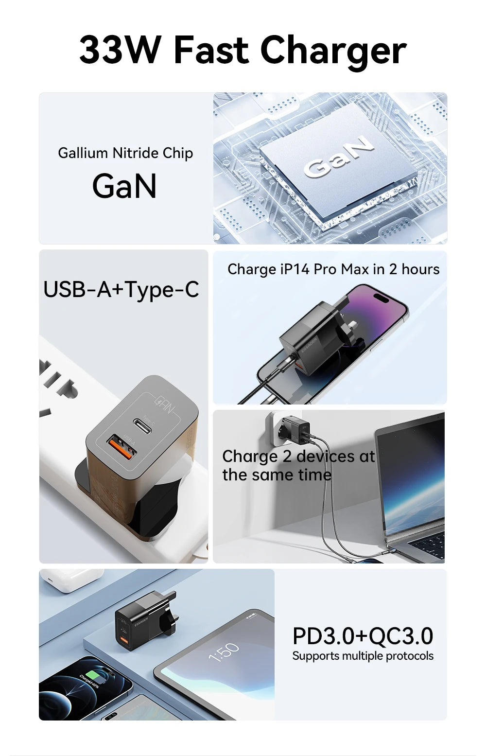 Essager-Chargeur USB Type-C, Charge Rapide PD, GaN, 33W, iPhone 14 13 12 11 Pro Max XS 8 P, iPad Pro Air iPad Mini