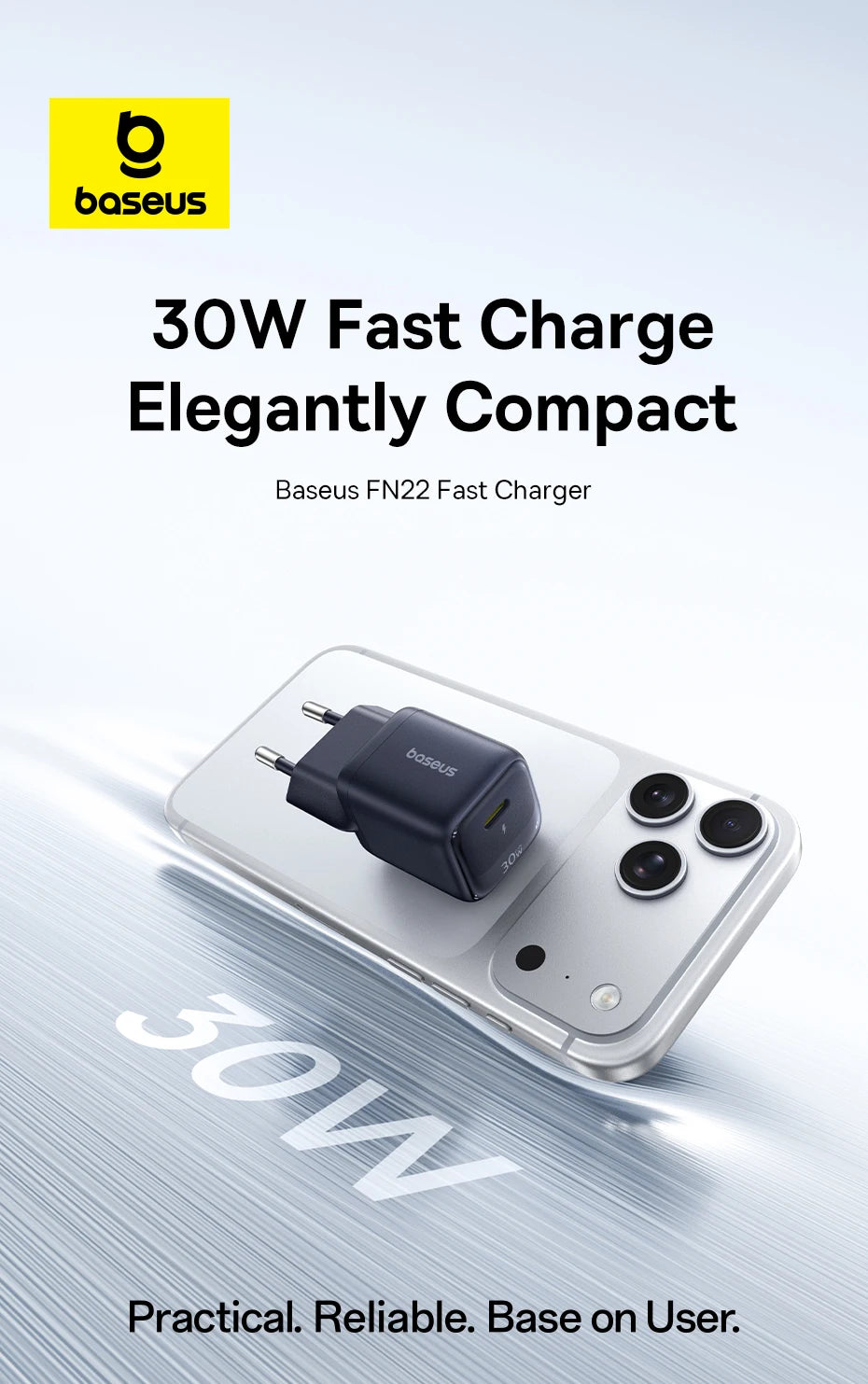 Chargeur GaN 30W Baseus, chargeur PD pour iPhone 17 16 15 14 13 12 Max, chargeur rapide PD3.0 QC3.0, chargeur de téléphone Type C, chargeur de tablette