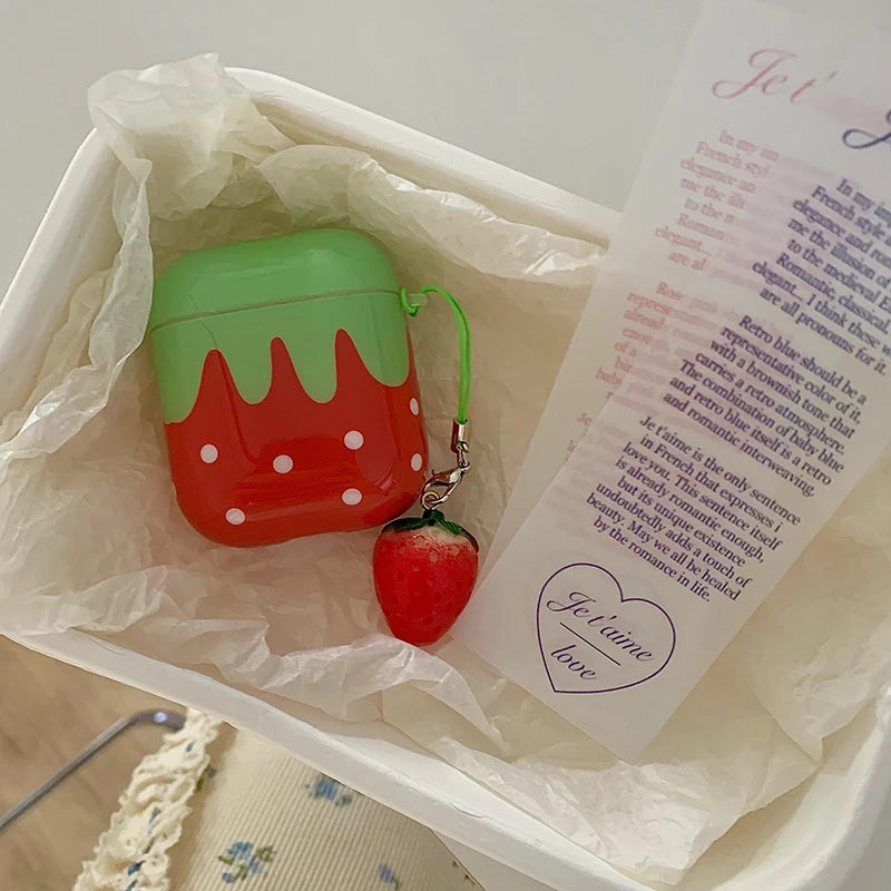 Lovely Girl Exquisite Red Strawberry White Polka Dot with Small Strawberry Pendant Glossy Earphones Case for AirPods 1 2 3 4 Pro