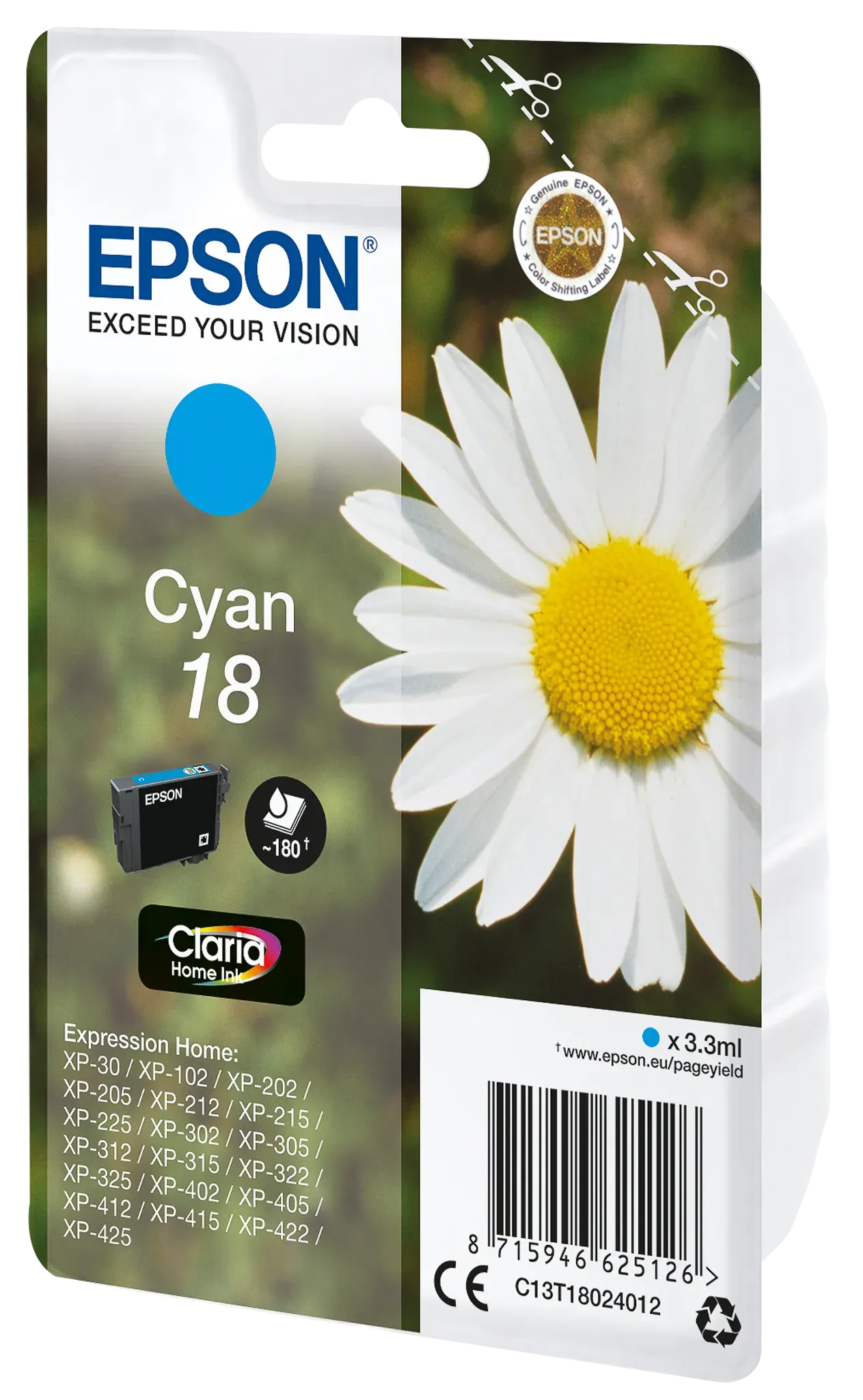 EPSON 18 / T1802 Cyan Druckerpatrone – Claria Home Ink für gestochen scharfe Texte & brillante Farbausdrucke